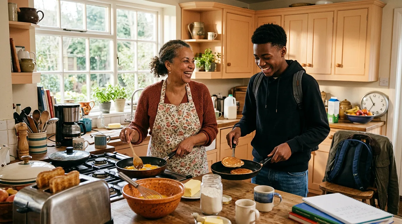 A multigenerational family preparing breakfast together in a warm kitchen