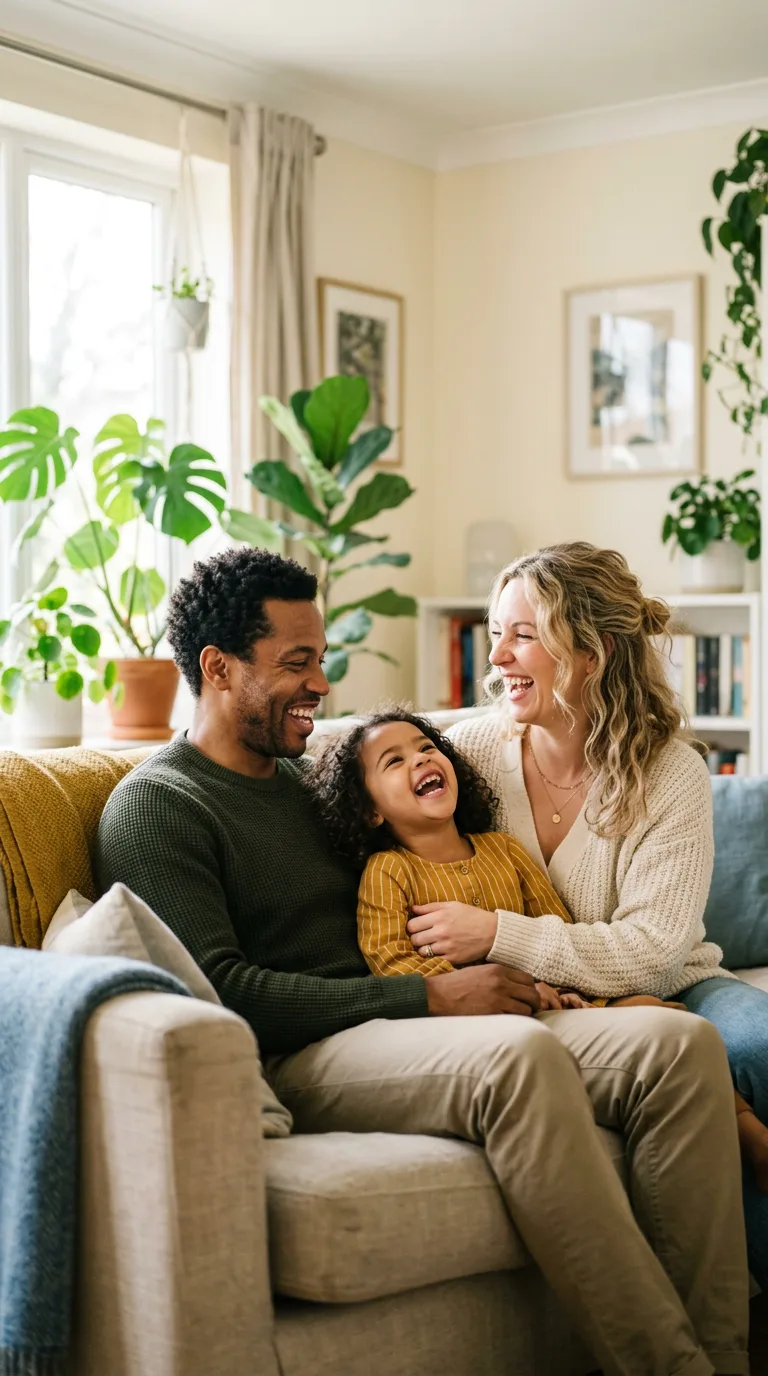 A family laughing together on the couch at home in the morning light